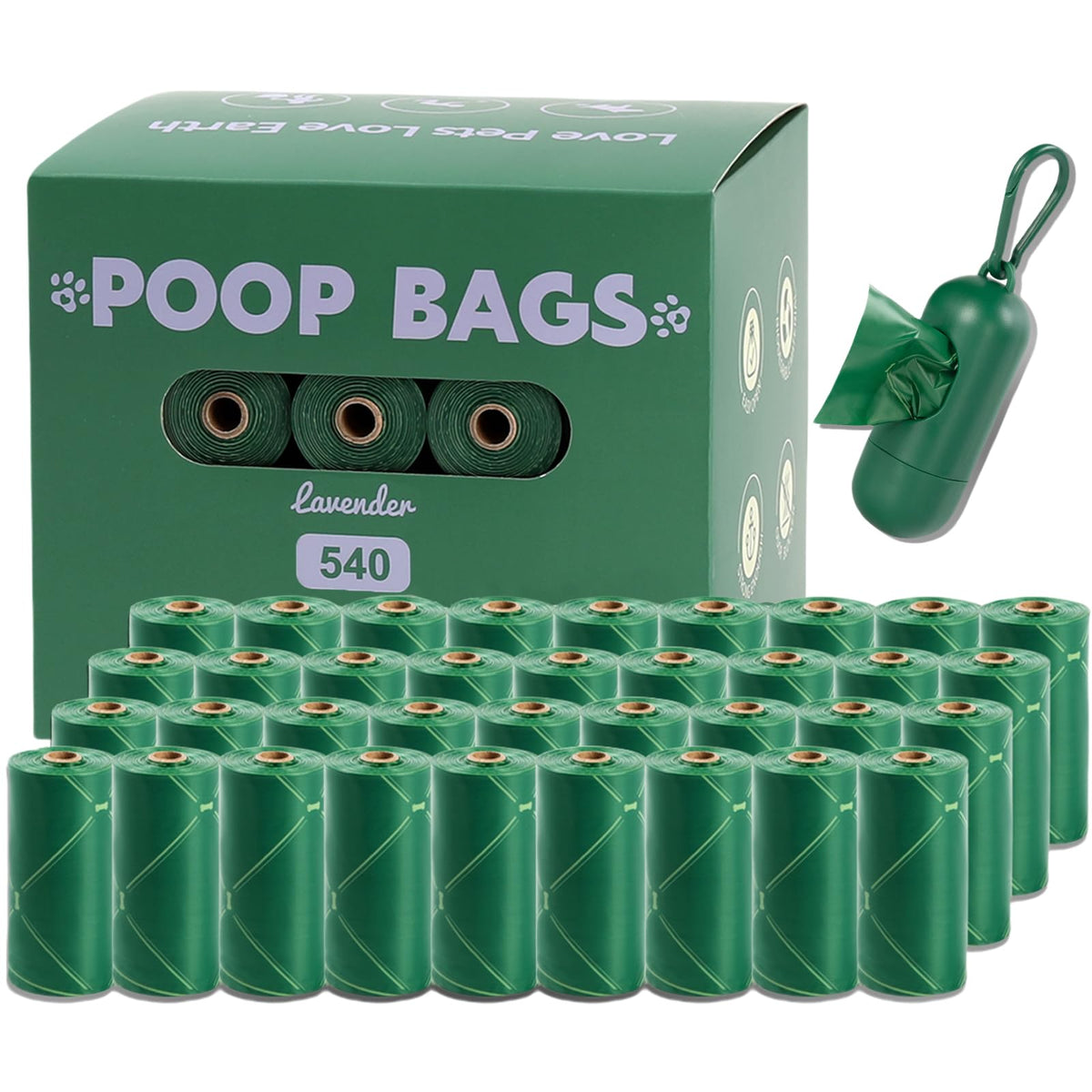 CGBD  540 Count Dog Waste Bags with Dispenser Extra Thick Strong 100% Leak Proof Doggy Poop Bags Rolls 13" x 9" Green Dog Bags for Poop Lavender Scented Doggie Poop Bags for Dogs Cat